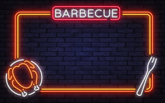 Classic neon vector frame with barbecue sign, chicken icon, and grilling fork. Great for restaurant menus, street food visuals, and night branding.