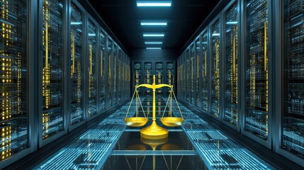 A futuristic server room featuring a golden scale of justice as a central element, symbolizing the intersection of law and technology.