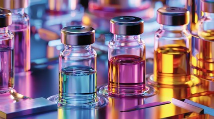 A vibrant arrangement of glass vials filled with colorful liquids, reflecting light, set against a sleek surface, suggesting a scientific or laboratory context.