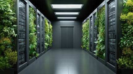 A modern server room featuring vertical gardens, blending technology with nature for an eco-friendly atmosphere.