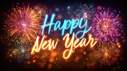 A vibrant New Year celebration graphic featuring colorful fireworks and the text "Happy New Year" in festive typography.