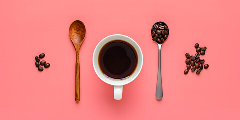 Overhead shot of a cup filled with dark coffee, positioned between a wooden spoon and a stainless steel spoon holding coffee beans, arranged on a vibrant pink surface alongside scattered beans,...