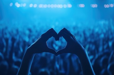 Hands forming a heart shape at a crowded concert or music festival, expressing love and unity with copy space
