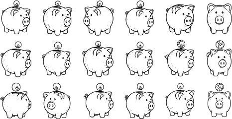 Black and White Drawing of Various Piggy Banks with Coins in Different Poses