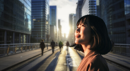 Fototapeta premium 朝日, 就職, 夕焼け, 朝, 見上げる, 空, ビジネス, 出勤, 転職, 日本, オフィス, 女性, 横顔, 朝焼け, 夕日, 日の出, 光, リラックス, 表情, 目をつむる, アウトドア, リラクゼーション, 背景, 希望, 安堵, 女, 街, シルエット, 太陽, 水, サマータイム, 自然, 美しさ, 人, ライフスタイル, バカンス, 笑みを浮かべている, 髪の毛, 見る, 笑う, 