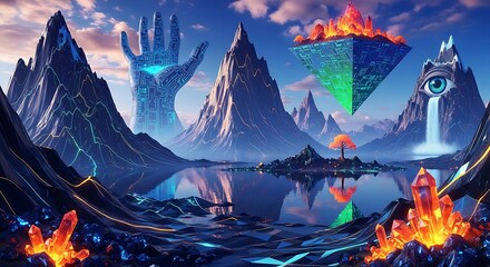 Fantasy landscape with mountains hand floating pyramid and eye in the sky