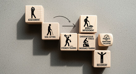 Rehabilitation Program Design Wooden cubes with body icons are arranged to represent the structured methodology for physical therapy and patient recovery planning