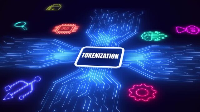 Futuristic data tokenization background showing blue glowing circuit lines with neon asset protection symbols.
