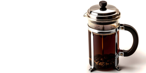 Coffee preparation is shown in a transparent glass french press containing dark liquid and beans, with a metallic lid and handle set against a bright white background, the rich brown color of coffee