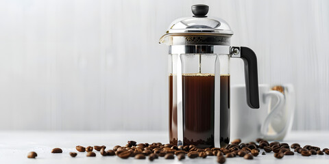 Freshly brewed coffee fills a glass french press alongside a white mug and scattered roasted coffee beans on a bright, neutral surface; a warm, inviting breakfast beverage is presented.