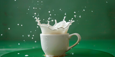 Vivid image captures a dramatic moment as white liquid splashes out of a pristine white cup, creating a captivating crown-like shape, with droplets suspended against a verdant green backdrop.