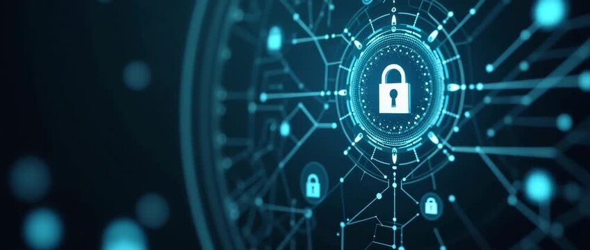 Futuristic digital network with secure padlock icon pulsates in center as camera gently zooms, highlighting cybersecurity themes in a sleek, cinematic style.