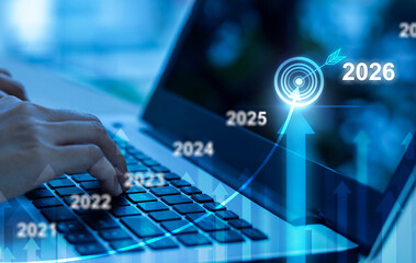 2025 to 2026 business financial plan market concept, performance of profit growth on 2024, education trend up finance on growth graph money revenue, Businessman analyzes profitability of working