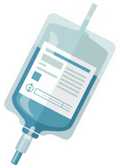 Medical intravenous drip bag with clear fluid and label, healthcare fluid transfusion bag for patient care, isolated on transparent background