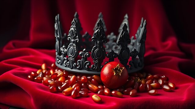 infamy. Obsidian crown and pomegranate seeds on crimson velvet in dramatic lighting. event programs, museum guides, designed for cultural heritage projects and event programs.