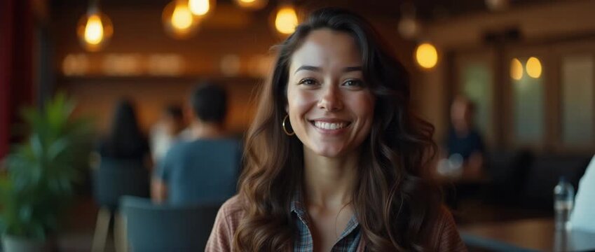 Friendly woman smiles warmly in a cozy caf? as the camera gently pans, capturing ambient chatter and soft, glowing lights in a cinematic, inviting atmosphere.
