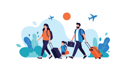 Fototapeta premium Happy family with a child and luggage walking at the airport, excited for their summer vacation and travel adventure together.