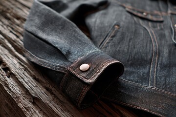 Dark denim jacket sleeve with button on rustic wooden surface closeup