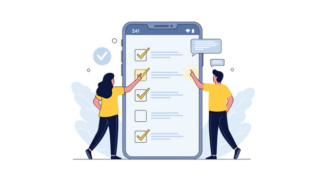 Man and woman collaborate to complete tasks on a giant smartphone screen, ticking off items from a digital checklist or survey.