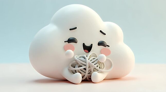 Cute 3D clay cloud character with tangled string inside, sitting quietly with dangling legs, overthinking and mental clutter concept, soft pastel background, playful yet thoughtful mood