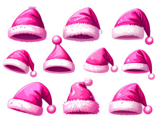 PNG Festive pink Santa hats collection, element set on transparent background  