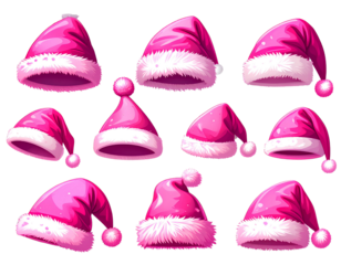 PNG Festive pink Santa hats collection, element set on transparent background  