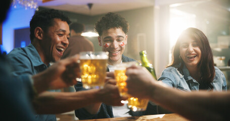 Smile, friends and cheers with alcohol at bar for sports match, football competition and reunion. People, toast and beer for social gathering, world cup tournament and happy hour for bonding together