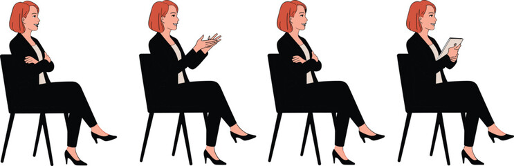Businesswoman sitting poses, cartoon illustration, professional attire, body language gestures, confident posture, workplace communication, interview  © rehna