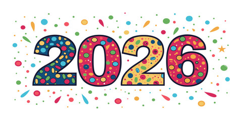 Vibrant 2026 celebration with colorful confetti and dots