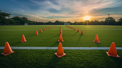Training cones on soccer field at sunrise