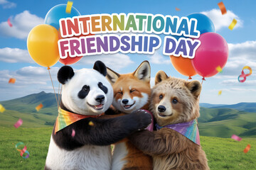 Celebrate International Friendship Day with adorable panda, fox, and bear friends hugging under colorful balloons and confetti for heartwarming social media posts