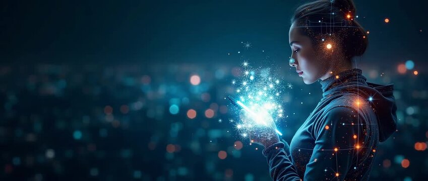 In a cinematic cityscape night, a woman interacts with a glowing smartphone, digital particles swirling around; the camera gently pans, capturing ambient city lights flickering in the distance.