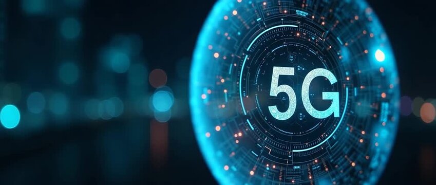 Cinematic futuristic technology sphere with digital 5G text rotates gracefully as camera slowly pans, city lights flicker softly in the background, highlighting innovation and connectivity.
