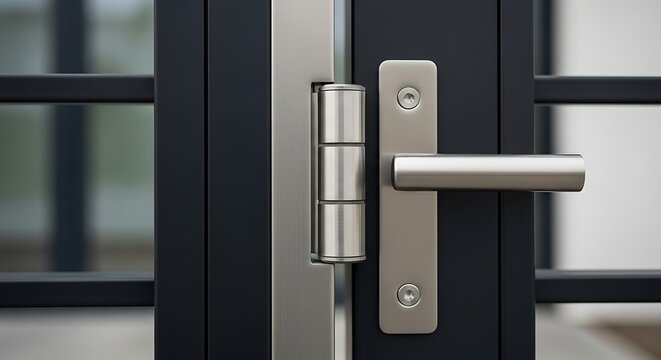 Modern metal door detail with brushed handle and industrial style hinge