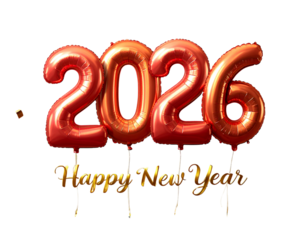 Balloon number 2026 stands against a golden background with the words Happy New Year