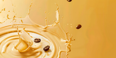 A dynamic display showcases the mesmerizing interplay of creamy, light-brown liquid, meticulously captured mid-splash, forming elegant shapes, while roasted, brown coffee beans appear mid-air,...