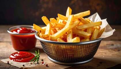 Golden fries in a wire basket beside ketchup on a wooden table