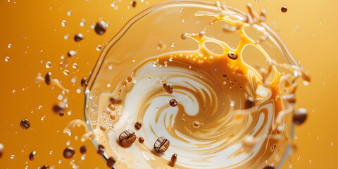 Dynamic view showcases a swirling blend of coffee and cream within a clear glass, with roasted beans and liquid droplets splashing outwards against a golden-yellow background.