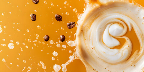 A dramatic overhead view showcases coffee beans suspended in motion, accompanied by a swirl of frothy foam and bubbles against a warm, vibrant yellow backdrop, creating a visual experience of coffee