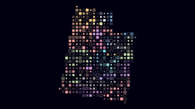 Utah animated shape. Pulsating colored dots on the map of the state. Large size rounded square blocks. Digital style Utah map on dark background. Plain animation video.