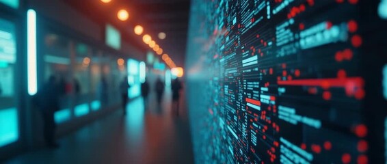Cinematic data stream flows across futuristic digital wall as people walk by in soft focus; camera gently pans, capturing ambient glow and dynamic motion in high-tech environment.