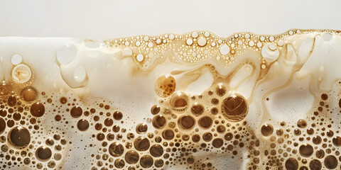 Detailed macro view showcasing a frothy, bubbly surface with varying sizes of brown and white circular formations, evoking a feeling of organic texture, and displaying a  study of a foamy, liquid...