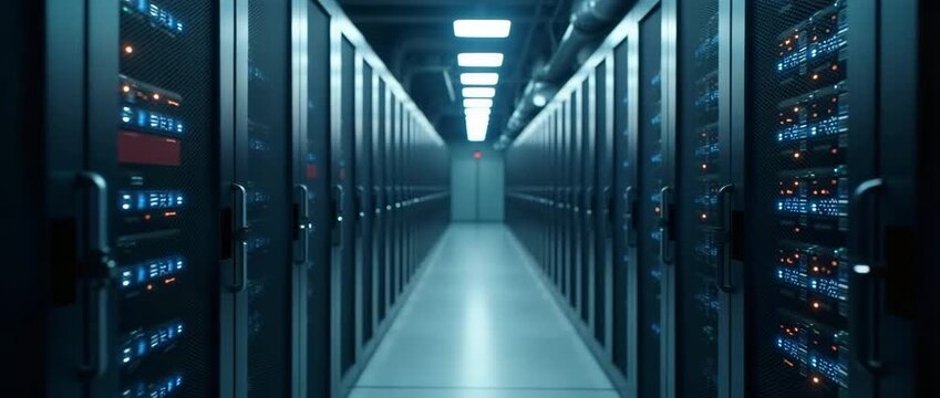Cinematic exploration of a high-tech server room with gentle ambient light flicker; the camera slowly pans along endless rows of servers, highlighting data security and technology infrastructure.