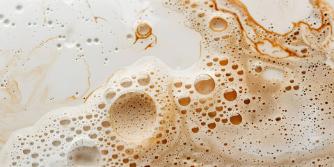 Abstract  showcases bubbly foam with rich brown tones swirling across a smooth, light surface, creating a visually appealing textured pattern with a slightly blurred artistic aesthetic.
