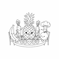 Funny kawaii fruits and vegetables around table