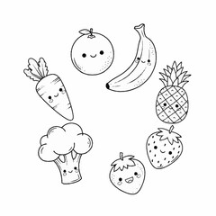 Circle arrangement of kawaii fruits and vegetables