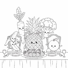 Happy kawaii food characters dining at table