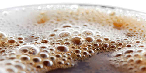 view showcasing the bubbly, foamy texture and rich, brown colors of a beverage, highlighting the effervescence and visual detail within the drink, suggesting refreshment and a sensory experience