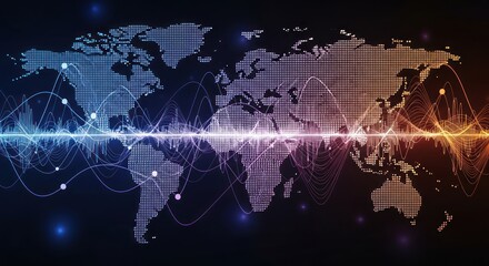 Digital world map with glowing sound waves and data visualization.