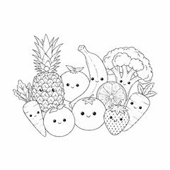 Group of happy cartoon fruits and vegetables